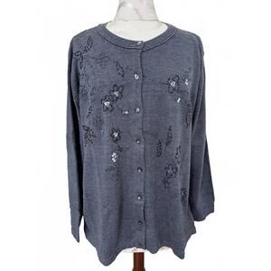 Jennifer Moore Cardigan Sweater Button-Up Sequin Beads Floral Dark Gray 1X